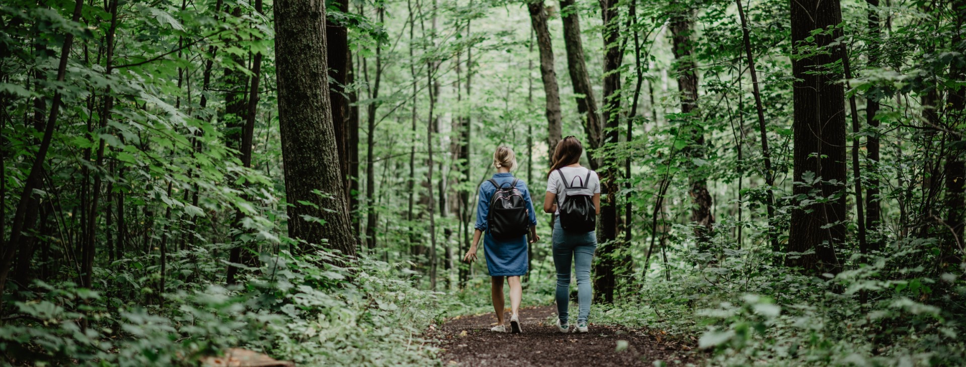 Deux étudiantes marchant dans un boisé